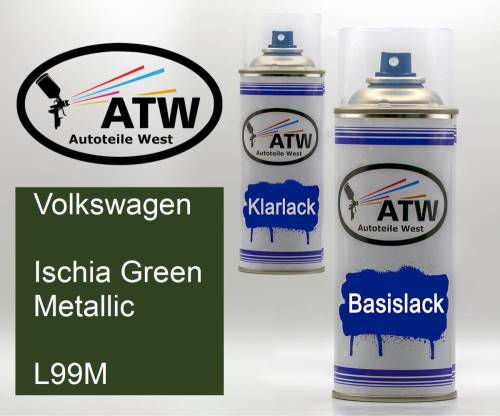 Volkswagen, Ischia Green Metallic, L99M: 400ml Sprühdose + 400ml Klarlack - Set, von ATW Autoteile West.